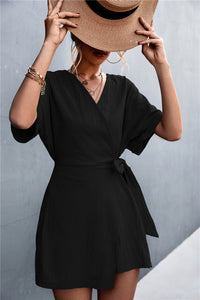 Women’s Black V-Neck Short Sleeve Romper with Waist Tie Sizes S-XL