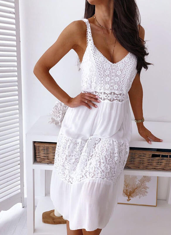 Women’s White V-Neck Midi Dress with Lace Detail in Sizes 2-22 - Wazzi's Wear