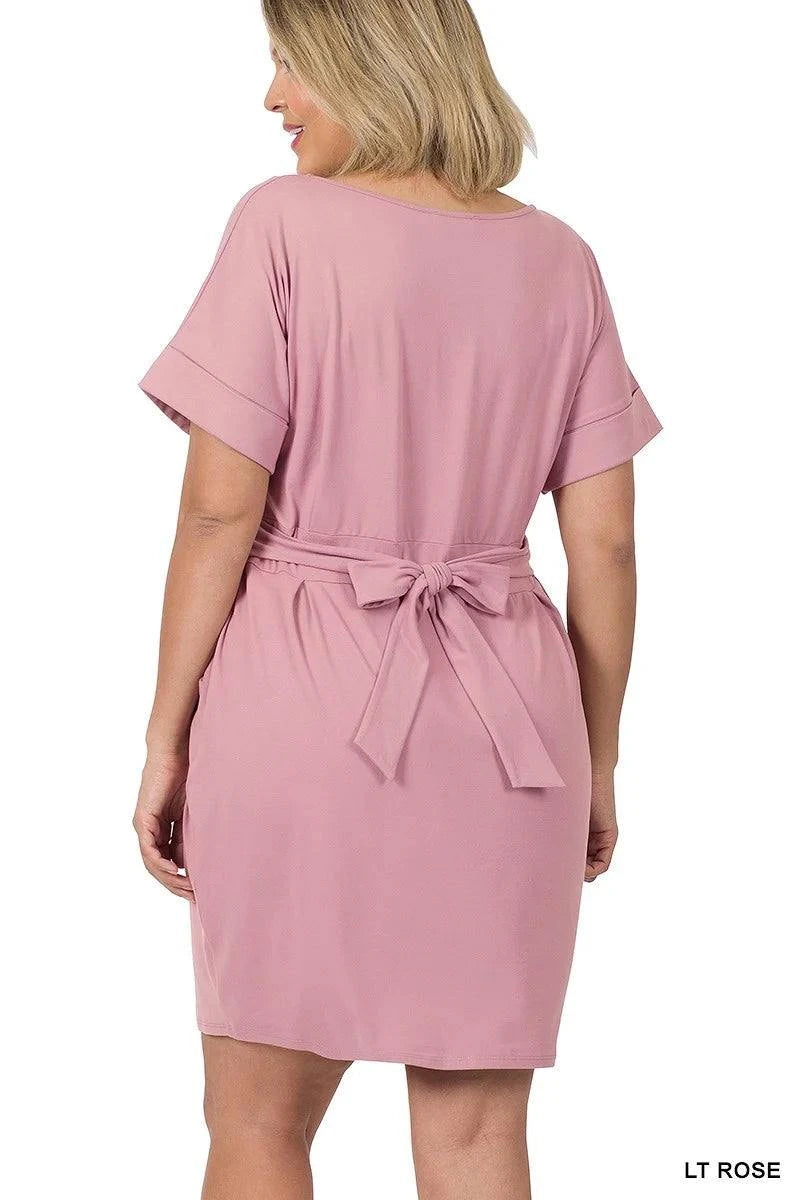 Plus Size Round Neck Midi Dress with Waist Tie and Side Pockets 1X-3X - Wazzi's Wear