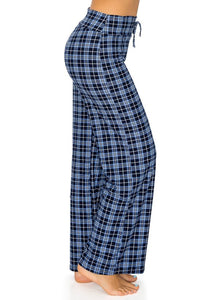 Blue Plaid Lounge Pants with High Drawstring Waist - Wazzi's Wear