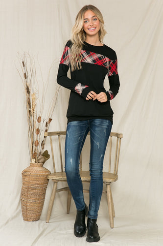 Buffalo Plaid Round Neck Top with Long Sleeves - Wazzi's Wear