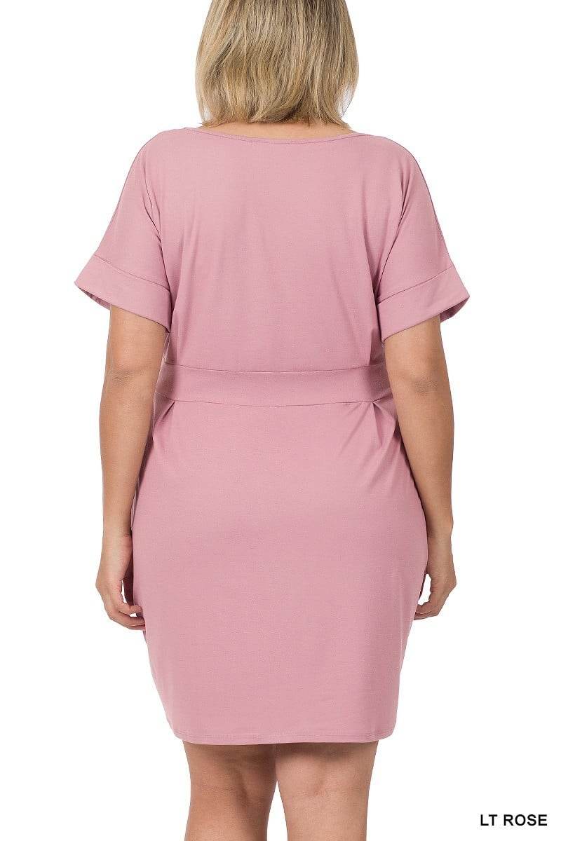 Plus Size Round Neck Midi Dress with Waist Tie and Side Pockets 1X-3X - Wazzi's Wear