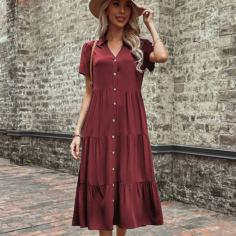 Women's Solid Mid Length Dress with Short Sleeves and Buttons in 5 Colors S-XL - Wazzi's Wear
