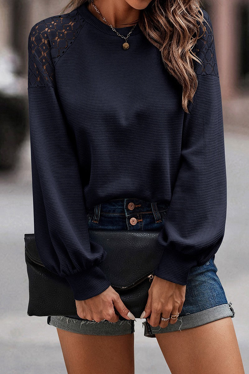 Navy Long Sleeve Top with Shoulder Lace M