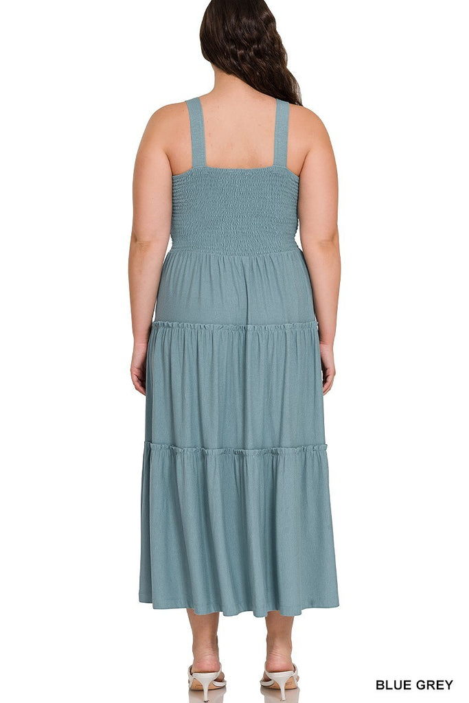 Plus Size Smocked Tiered Midi Dress with Square Neck 1X-3X - Wazzi's Wear