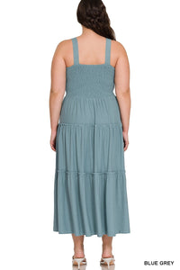 Plus Size Smocked Tiered Midi Dress with Square Neck 1X-3X