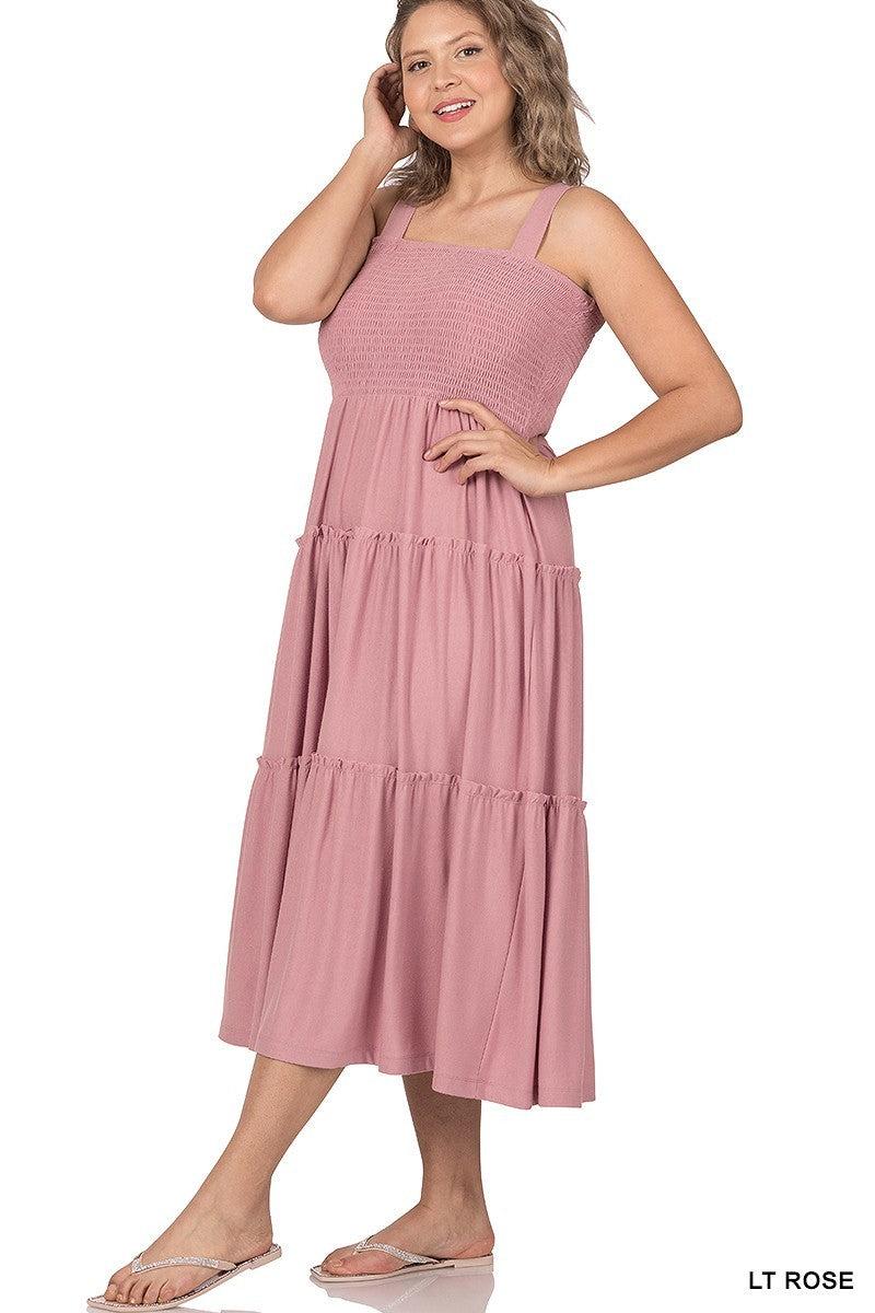 Plus Size Smocked Tiered Midi Dress with Square Neck 1X-3X - Wazzi's Wear