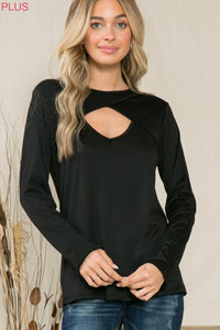 Plus Size Black Long Sleeve Tunic with Round Neck and Front Keyhole - Wazzi's Wear