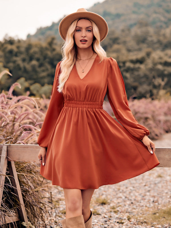 Women’s Long Sleeve V-Neck Dress with Elastic Waist in 3 Colors S-XL - Wazzi's Wear