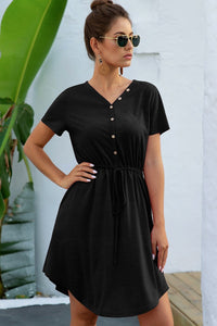 Short Sleeve Midi Dress with Drawstring Waist, Side Pockets and Decorative Buttons in 3 Colors