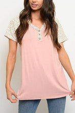 Load image into Gallery viewer, V-Neck Tunic with Floral Short Sleeves and Decorative Buttons - Wazzi&#39;s Wear
