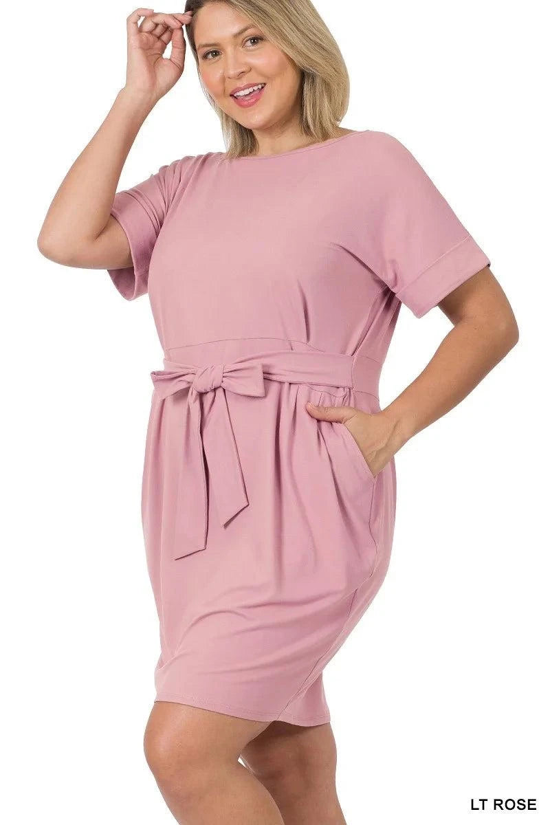 Plus Size Round Neck Midi Dress with Waist Tie and Side Pockets 1X-3X - Wazzi's Wear