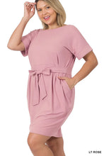 Load image into Gallery viewer, Plus Size Round Neck Midi Dress with Waist Tie and Side Pockets 1X-3X