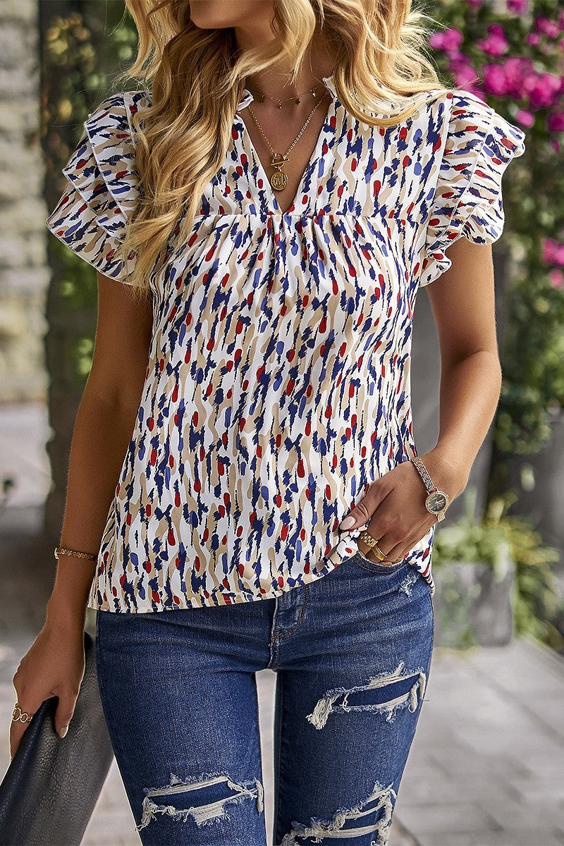 Printed V-Neck Top with Ruffled Sleeves S and L
