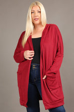 Load image into Gallery viewer, Plus Size Long Open Burgundy Cardigan with Hoodie and Front Pockets 1X-3X