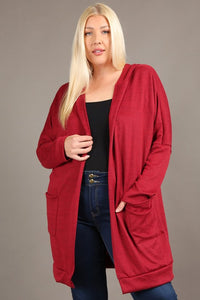 Plus Size Long Open Burgundy Cardigan with Hoodie and Front Pockets 1X-3X