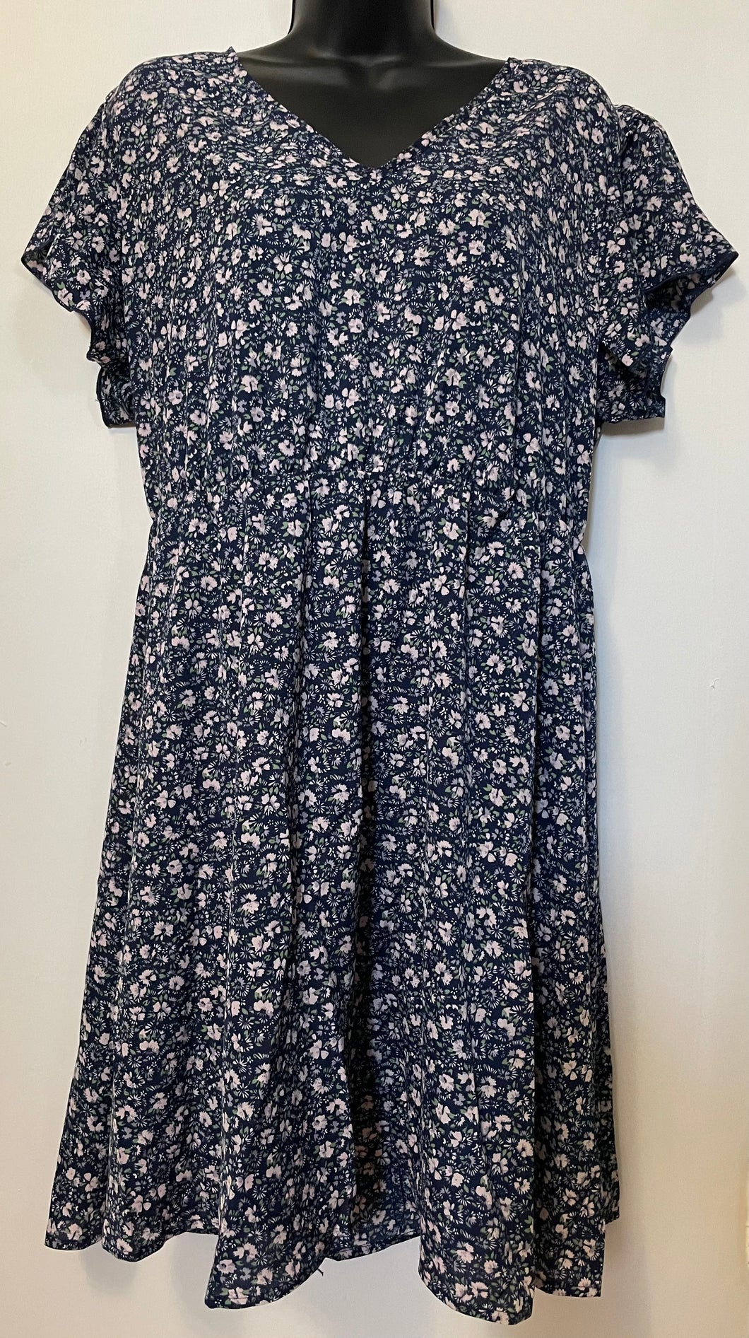 Plus Size Navy Floral Ruffled A-Line Dress with Flutter Sleeves and High Waist