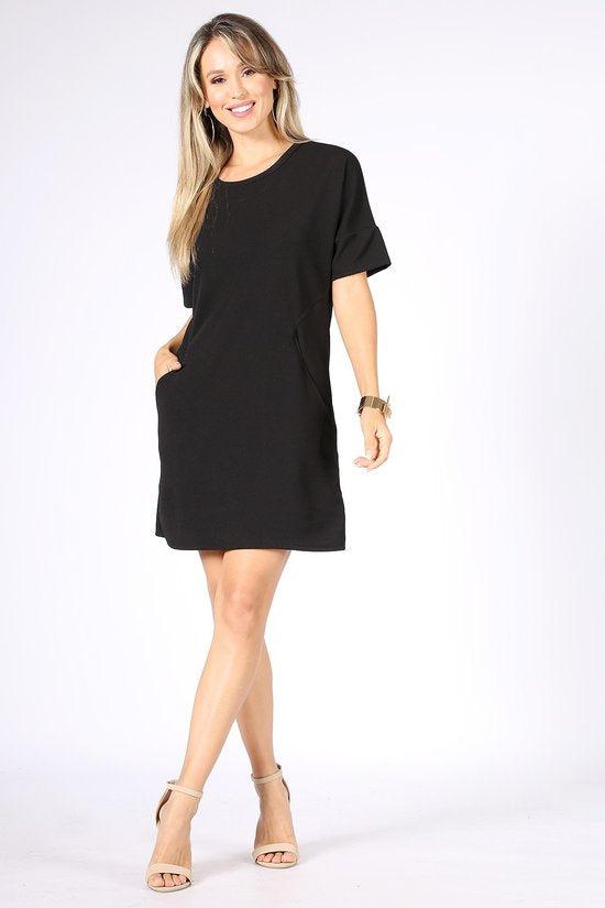 Black Short Sleeve Dress with Side Pockets S-XL - Wazzi's Wear