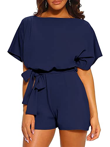 Women’s Belted Short Sleeve Romper in 6 Colors Sizes S-XXL - Wazzi's Wear