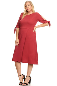 Plus Size Midi Dress with Tied Short Sleeves and Layered Skirt