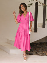 Load image into Gallery viewer, Women’s Solid V-Neck Puff Sleeve Midi Dress in 4 Colors Sizes 4-10 - Wazzi&#39;s Wear