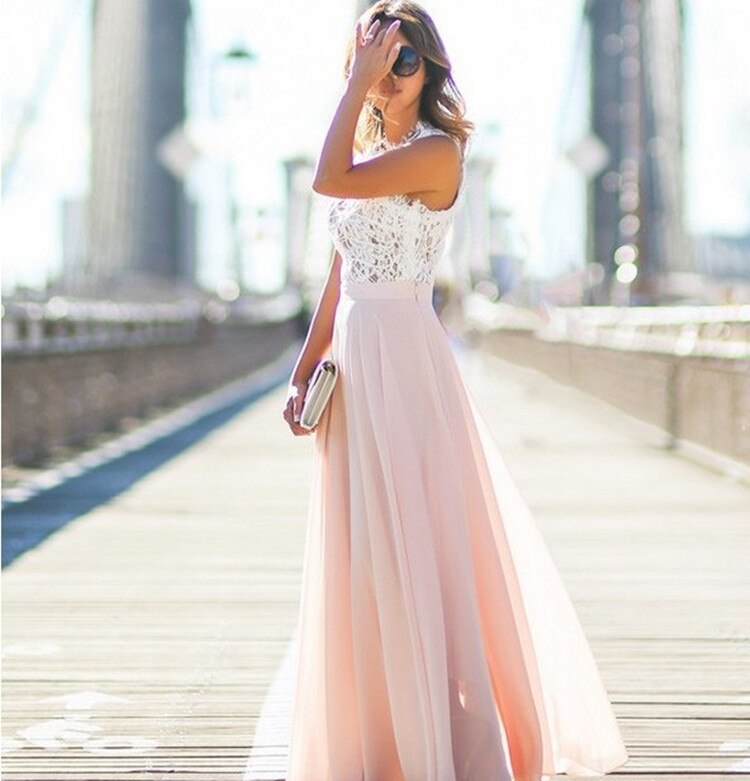 Women’s Sleeveless Chiffon Maxi Dress with Lace Bodice in 5 Colors Sizes 4-16 - Wazzi's Wear