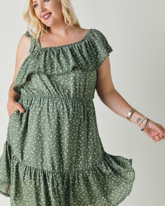 Plus Size Olive Polka Dotted Flower Ruffled Dress with Lace Trim and Side Pockets - Wazzi's Wear