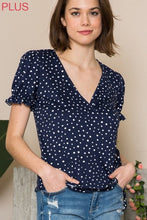 Load image into Gallery viewer, Navy Polka Dot V-Neck Top with Ruffled Short Sleeves - Wazzi&#39;s Wear