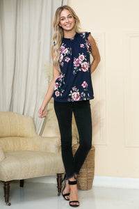 Sleeveless Floral Top with Pleated Round Neck S-XL
