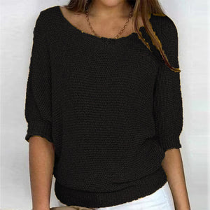 Women's Round Neck Three-Quarter Sleeve Knit Sweater in 6 Colors S-3XL - Wazzi's Wear