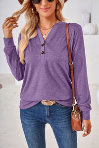 Women’s Solid V-Neck Long Sleeve Top with Buttons in 7 Colors S-XXL