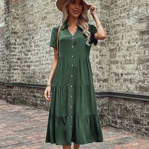 Women's Solid Mid Length Dress with Short Sleeves and Buttons in 5 Colors S-XL