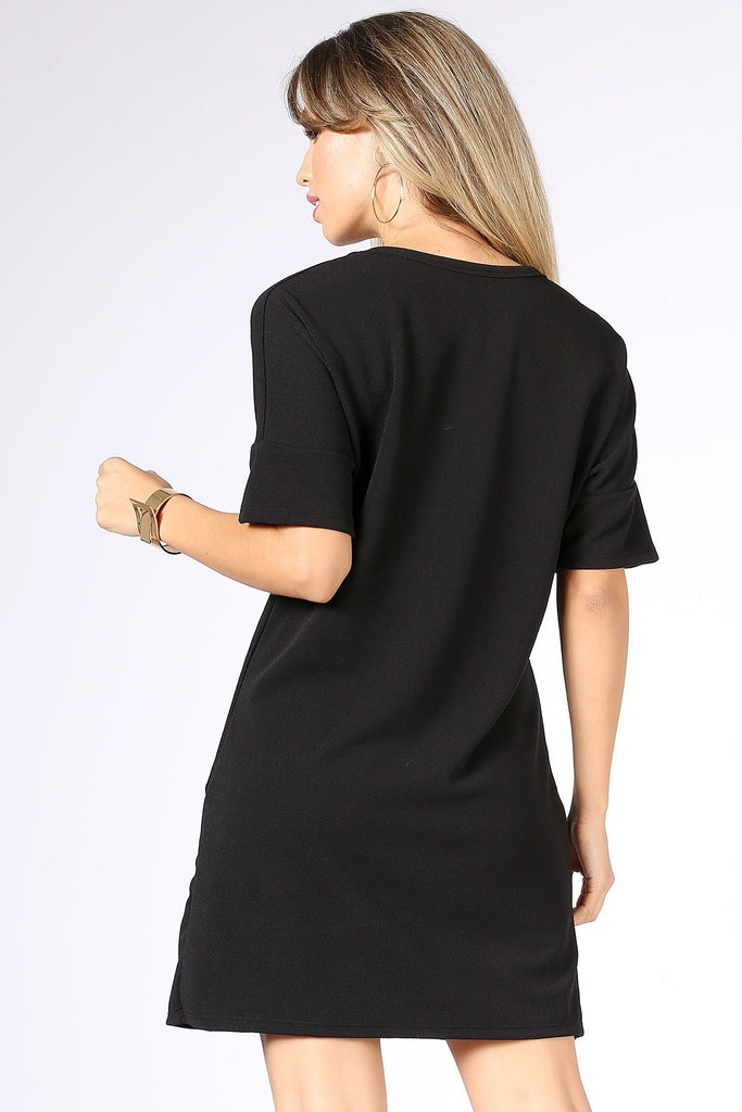 Black Short Sleeve Dress with Side Pockets S-XL - Wazzi's Wear