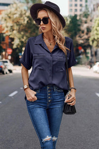 Navy Buttoned Top with Short Sleeves S
