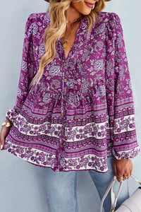 Floral V-Neck Long Sleeve Boho Tunic with Button Closure XL/1X