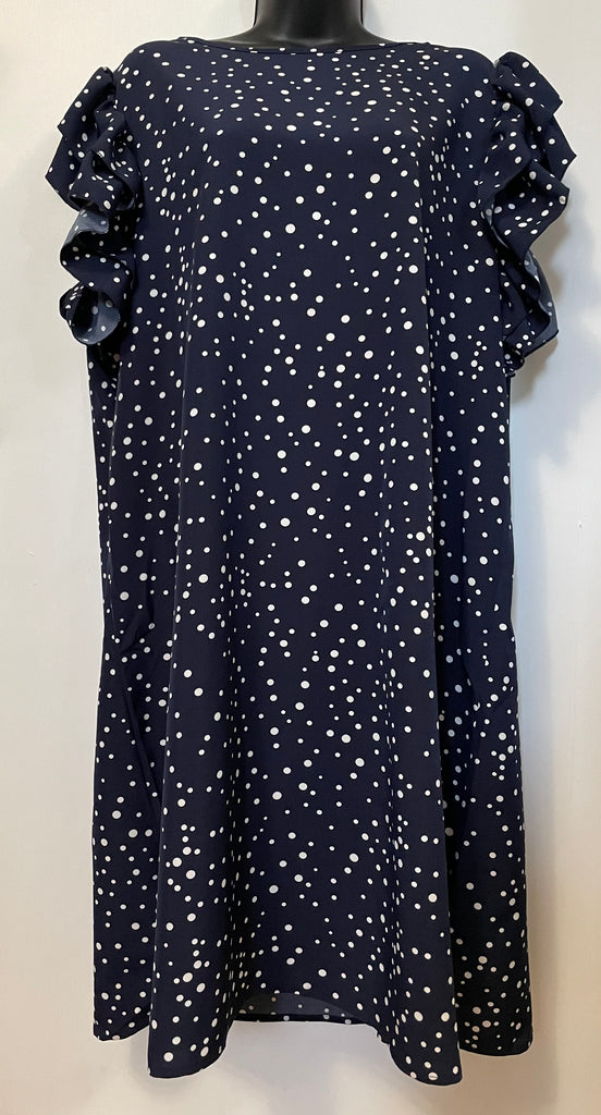 Plus Size Navy Polka Dot Ruffled Midi Dress with Flutter Sleeves - Wazzi's Wear