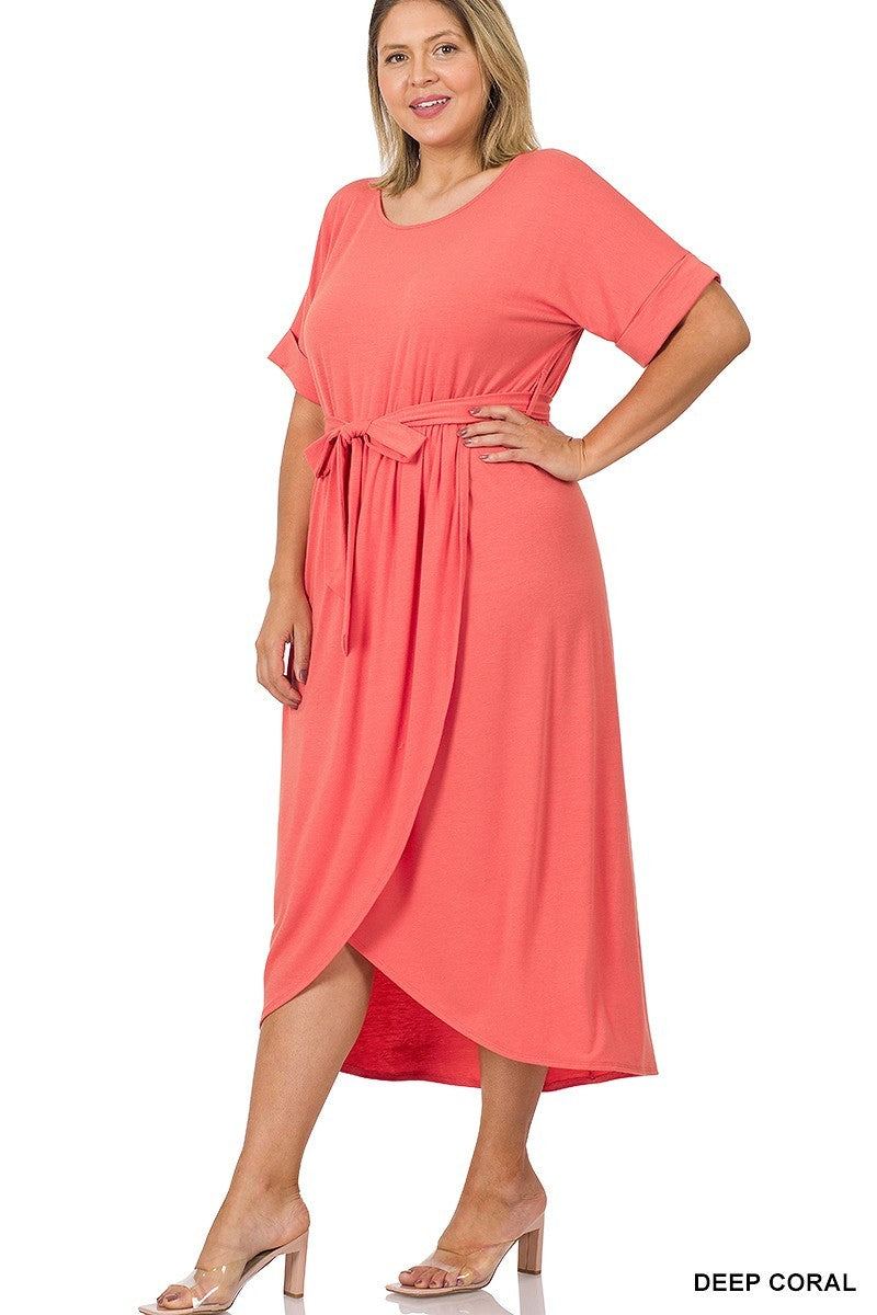 Plus Size Tulip Dress with Round Neck, Waist Tie and Short Sleeves 1X-3X - Wazzi's Wear