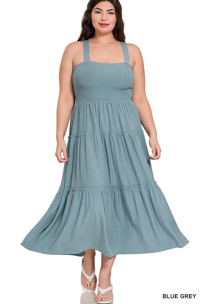 Plus Size Smocked Tiered Midi Dress with Square Neck 1X-3X - Wazzi's Wear