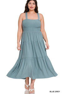 Plus Size Smocked Tiered Midi Dress with Square Neck 1X-3X