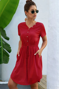 Short Sleeve Midi Dress with Drawstring Waist, Side Pockets and Decorative Buttons in 3 Colors