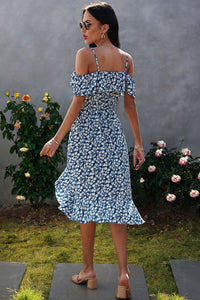 Blue Floral Off-The-Shoulder Ruffled Spaghetti Strap Dress XL