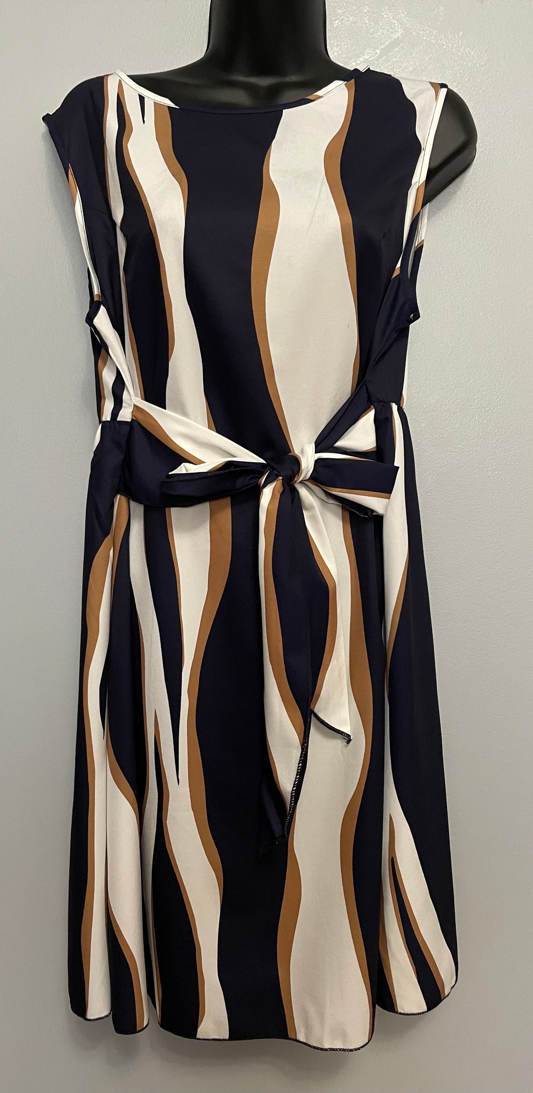 Plus Size A-Line Colorblock Striped Sleeveless Dress with Round Neck and Waist Tie - Wazzi's Wear