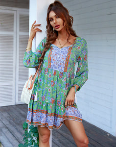 Women’s Long Sleeve Boho Mini Dress with V-Neck in 4 Colors S-XL