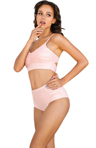 Pleated Padded Top & High Waist Bottom Bikini Set in 3 Colors S-1X