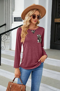 Women’s Round Neck Long Sleeve Top with Leopard Detail in 6 Colors S-XXL