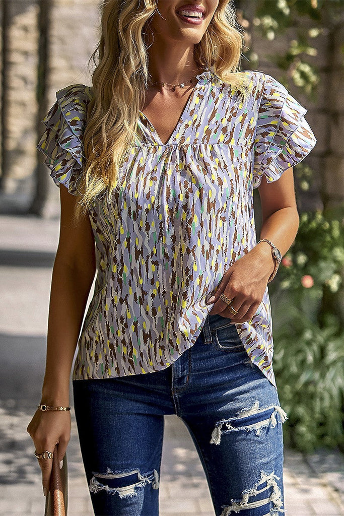Printed V-Neck Top with Ruffled Sleeves XL - Wazzi's Wear
