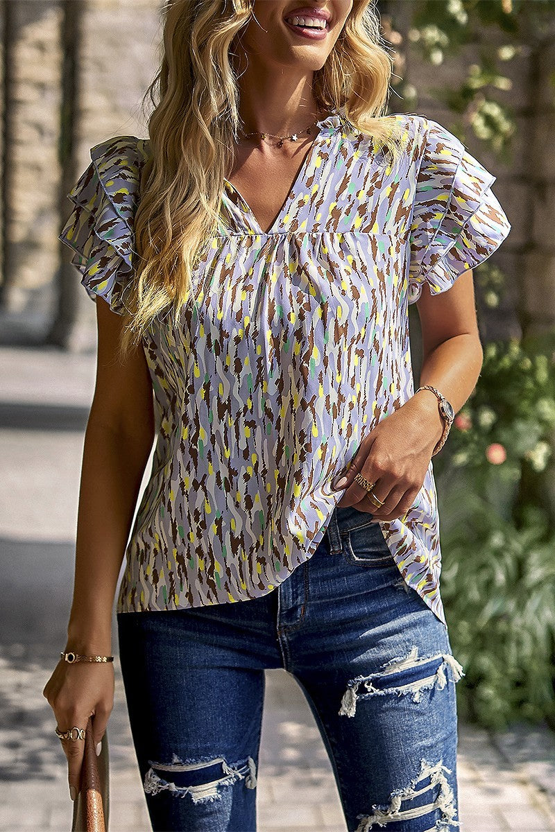 Printed V-Neck Top with Ruffled Sleeves XL
