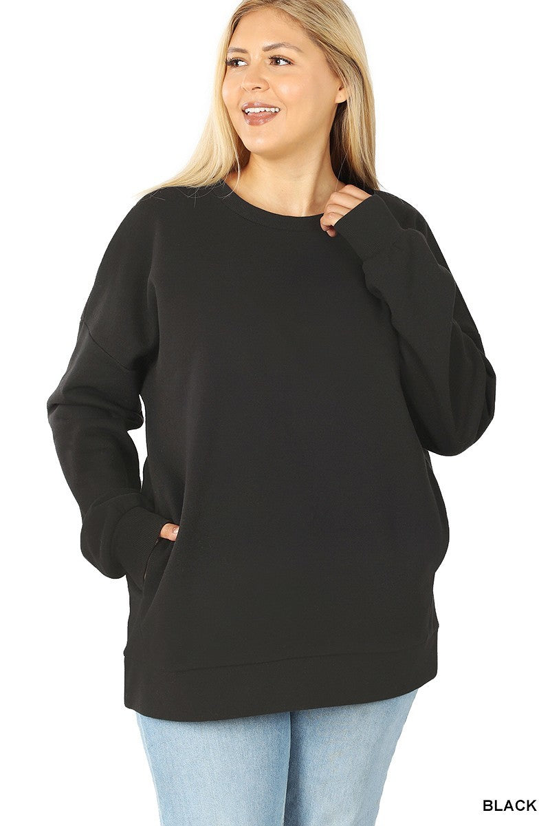 Plus Size Black Round Neck Sweatshirt with Side Pockets - Wazzi's Wear