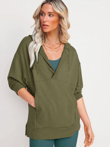 Women’s V-Neck Hooded Long Sleeve Top with Kangaroo Pocket in 4 Colors S-XL - Wazzi's Wear