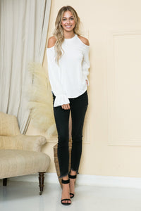 White Long Sleeve Tunic with Round Neck and Peek-A-Boo Sleeves - Wazzi's Wear